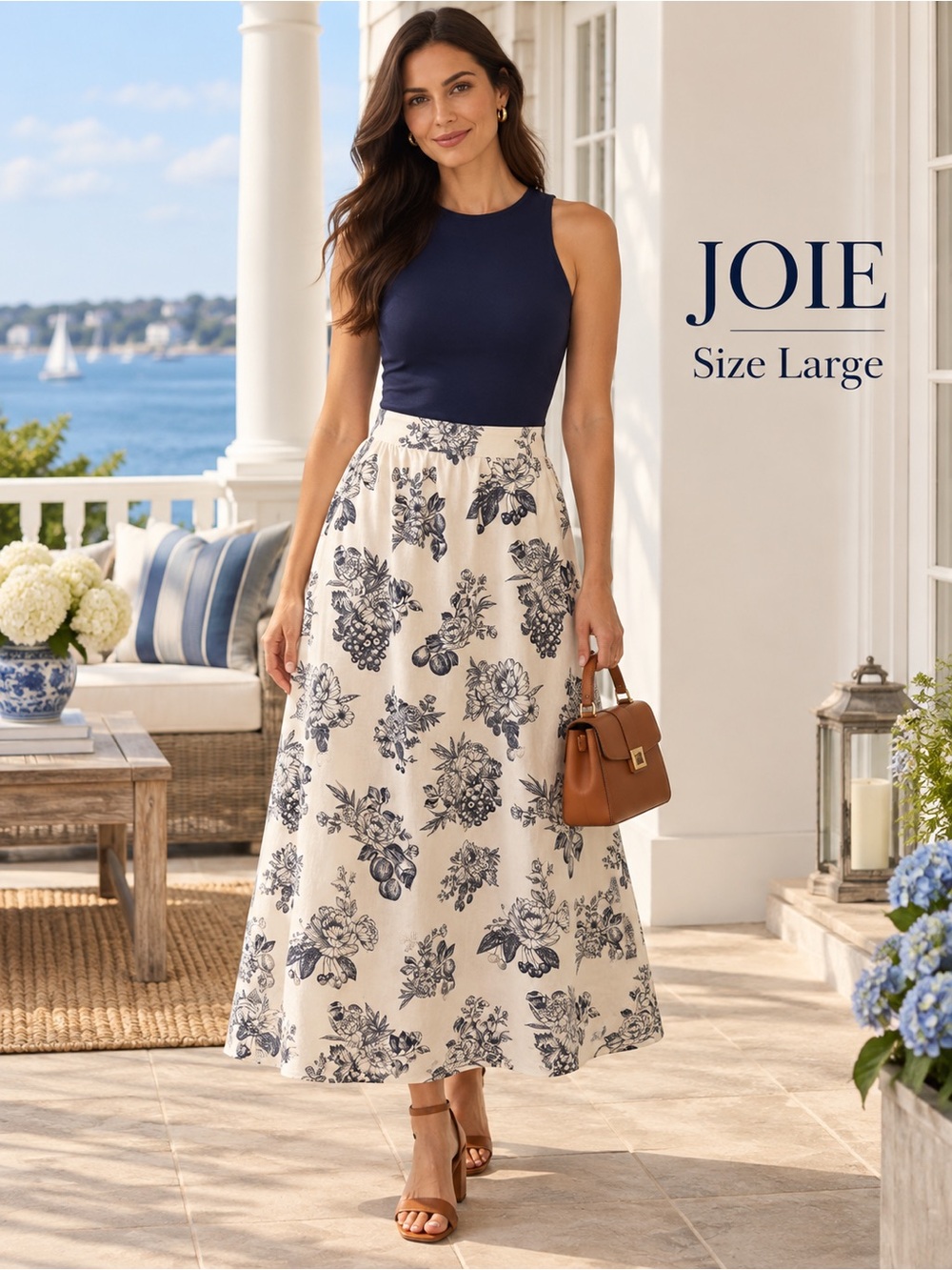 Joie Linen Blend Navy Floral Toile Midi Maxi Skirt Large